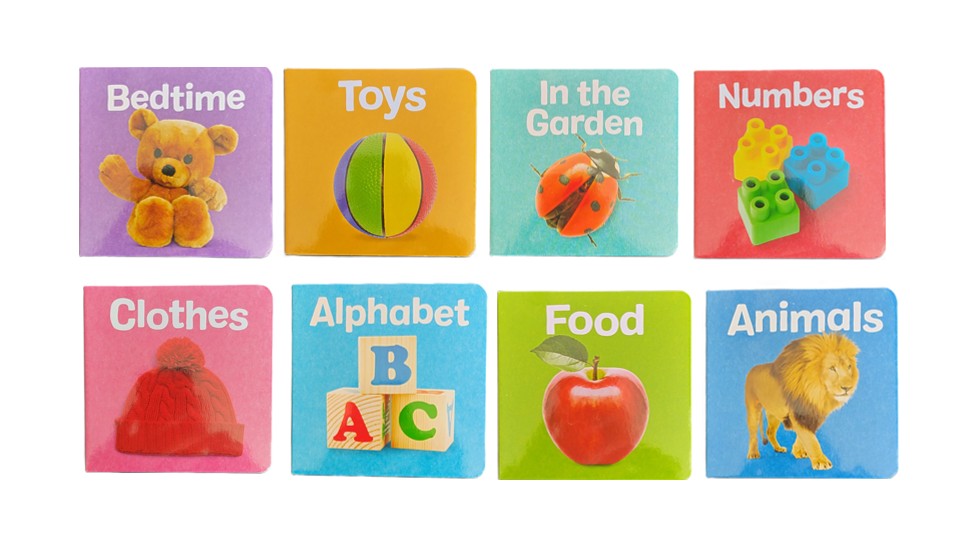 Eight colorful children's activity cards arranged in two rows on a white background. The cards feature different themes and illustrations, including a teddy bear for Bedtime, a ball for Toys, a ladybug for In the Garden, building blocks for Numbers, a red bag for Clothes, alphabet blocks for Alphabet, an apple for Food, and a lion for Animals.