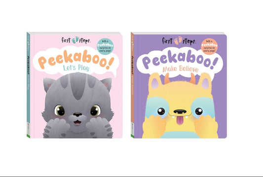 Two children's board books titled 'Peekaboo!' shown side by side on a white background. The left book has a pink cover with a gray cat peeking out, and the right book has a purple cover with a yellow animal making a face.