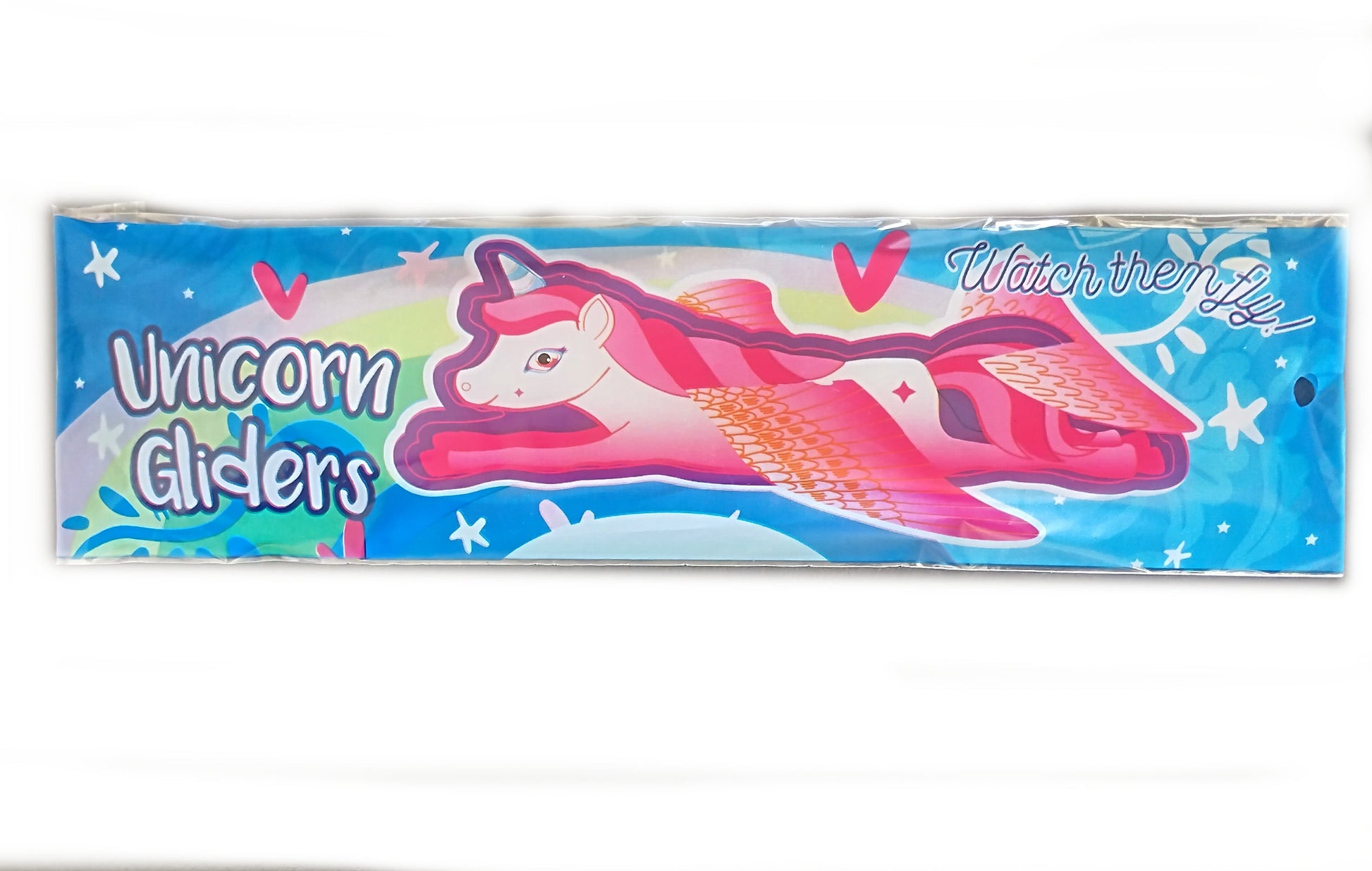 Unicorn glider toy packaging with colorful design on a white background