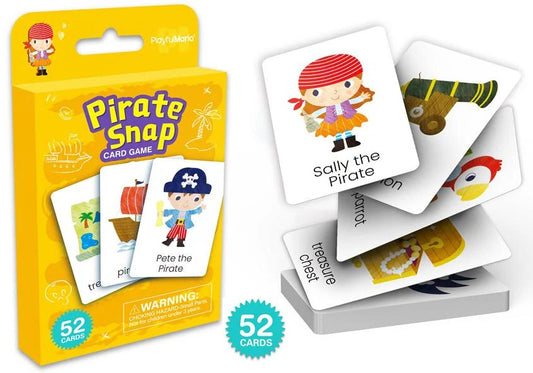 Pirate Snap Card Game by PlayNino, featuring a bright yellow box with illustrated pirate graphics and several sample cards fanned out to show the colorful card faces and text.