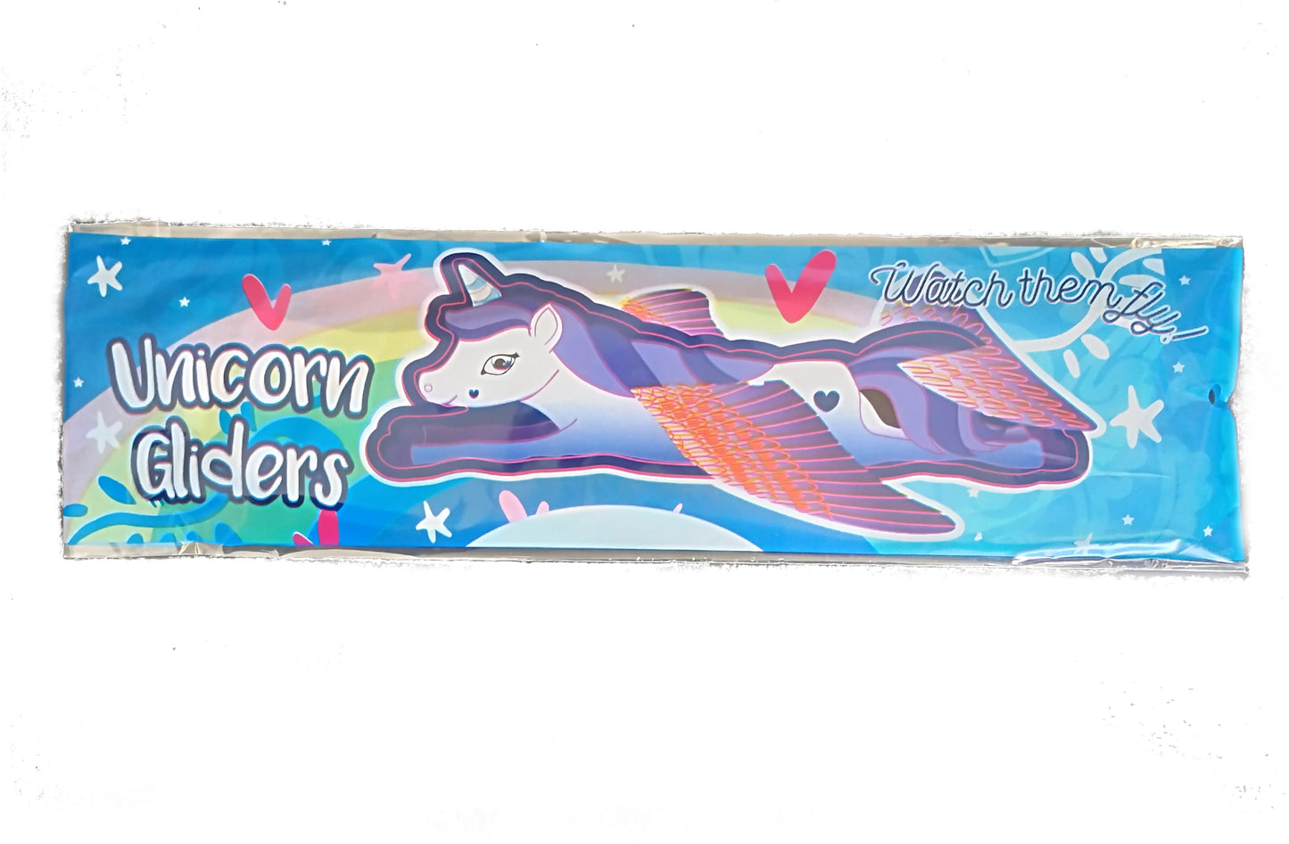 Unicorn-themed product packaging with colorful design on a white background