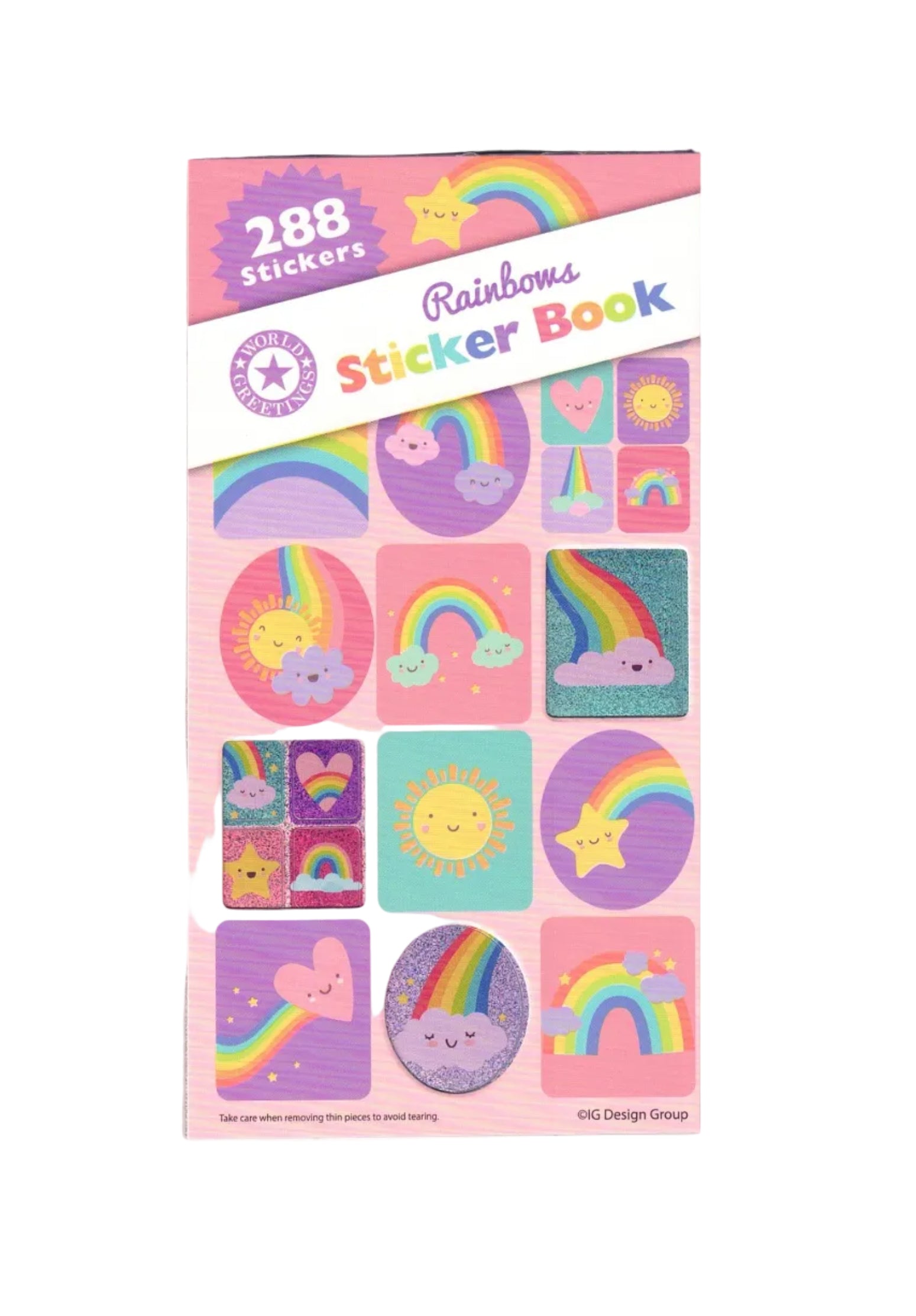 Sticker book with rainbow designs on a white background