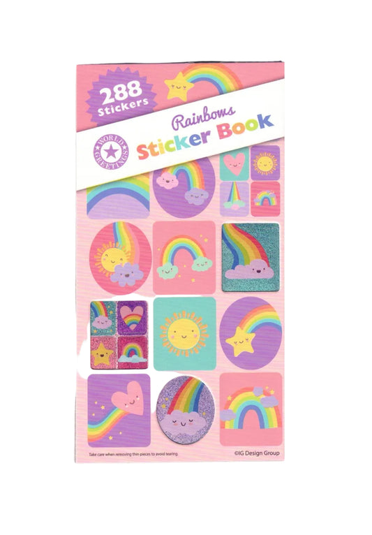 Sticker book with rainbow designs on a white background