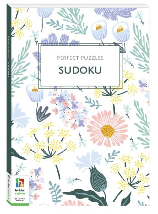 A boxed puzzle book titled 'PERFECT PUZZLES SUDOKU' with a white cover decorated with pastel floral and botanical illustrations. The spine and a small front label show the brand 'hikikir'.