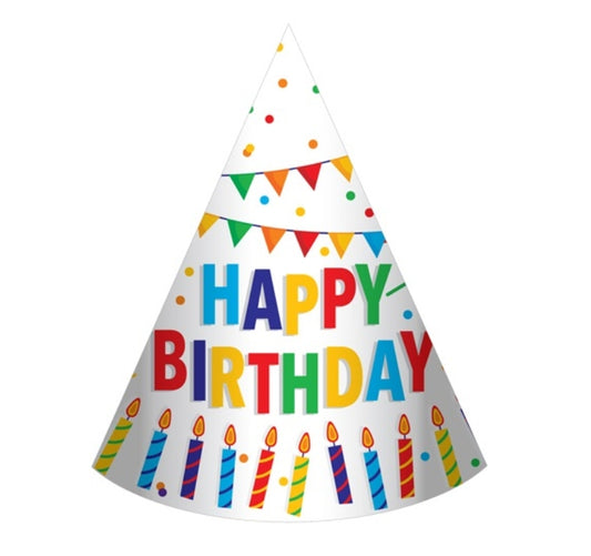 Colorful birthday hat with 'Happy Birthday' text and candles on a white background
