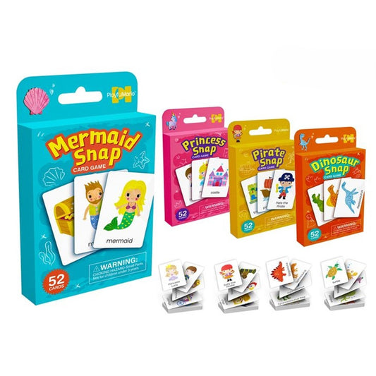 Mermaid Snap card game set shown with its retail box and several sample cards on a white background. The packaging includes Mermaid Snap in blue, Princess Snap in pink, Pirate Snap in yellow, and Dinosaur Snap in orange, with small stacks of illustrated cards displayed in front.