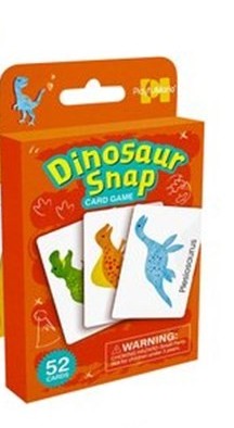 Dinosaur Snap Card Game in its original orange packaging, featuring dinosaur-themed cards and a warning label.