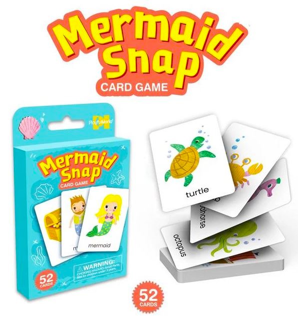 Mermaid Snap card game shown with its blue retail box, a fan of illustrated cards, and a '52 cards' badge on a white background.