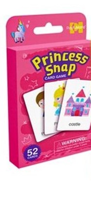 Princess Snap card game in a bright pink retail box, showing three sample cards and a '52 cards' badge.