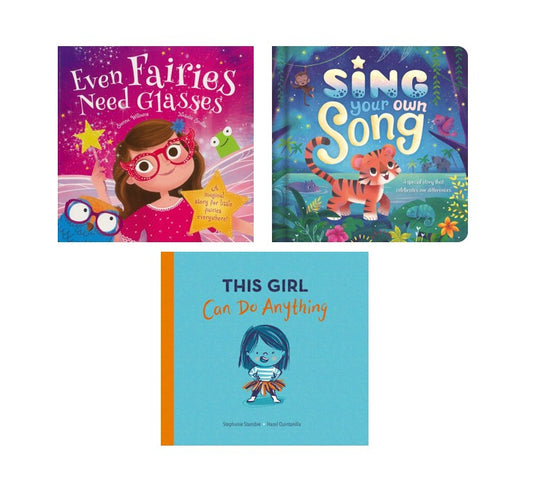 Three children's books arranged on a white background: 'Even Fairies Need Glasses' with a pink/purple cover, 'Sing Your Own Song' with a blue/turquoise cover and orange tiger illustration, and 'This Girl Can Do Anything' with a light blue cover and orange spine.