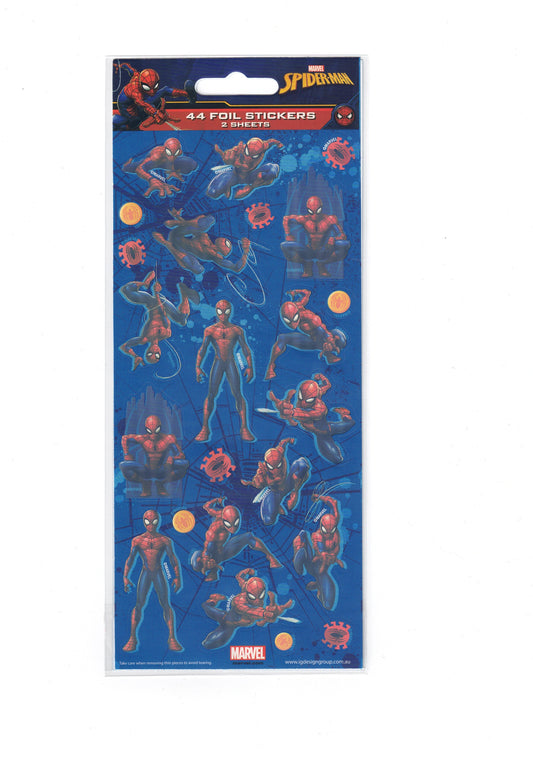 Spider-Man foil stickers packaging with multiple Spider-Man figures on a blue background