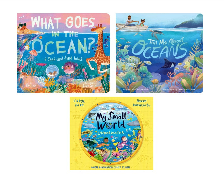 Three children's ocean-themed books arranged on a white background: 'What Goes in the Ocean?' at top left, 'Tell Me About Oceans' at top right, and 'My Small World Underwater' in a round book cover at bottom center.