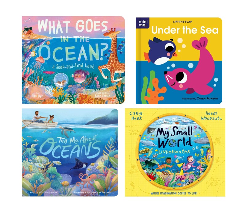 Four children's picture books arranged in a 2x2 grid on a white background: "What Goes in the Ocean?" by Laura Pinas, "Under the Sea" by Colbie Brown, "Tell Me About Oceans" by Laura Pinas, and "My Small World Underwater" by Carol Hart and Hears Woodgate.