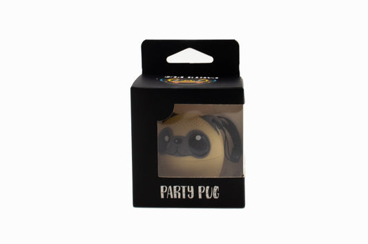 Black packaging with a pug design and 'Party Pug' text on a white background