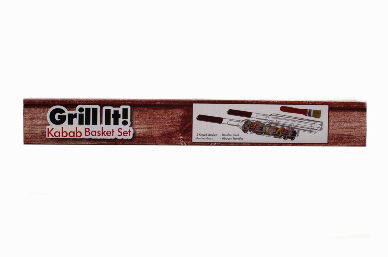 Wooden kabab basket set with 'Grill It!' branding on a white background