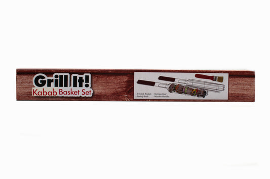 Wooden kabab basket set with 'Grill It!' branding on a white background