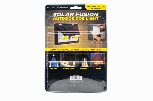 Packaged solar outdoor COB light with text on a white background