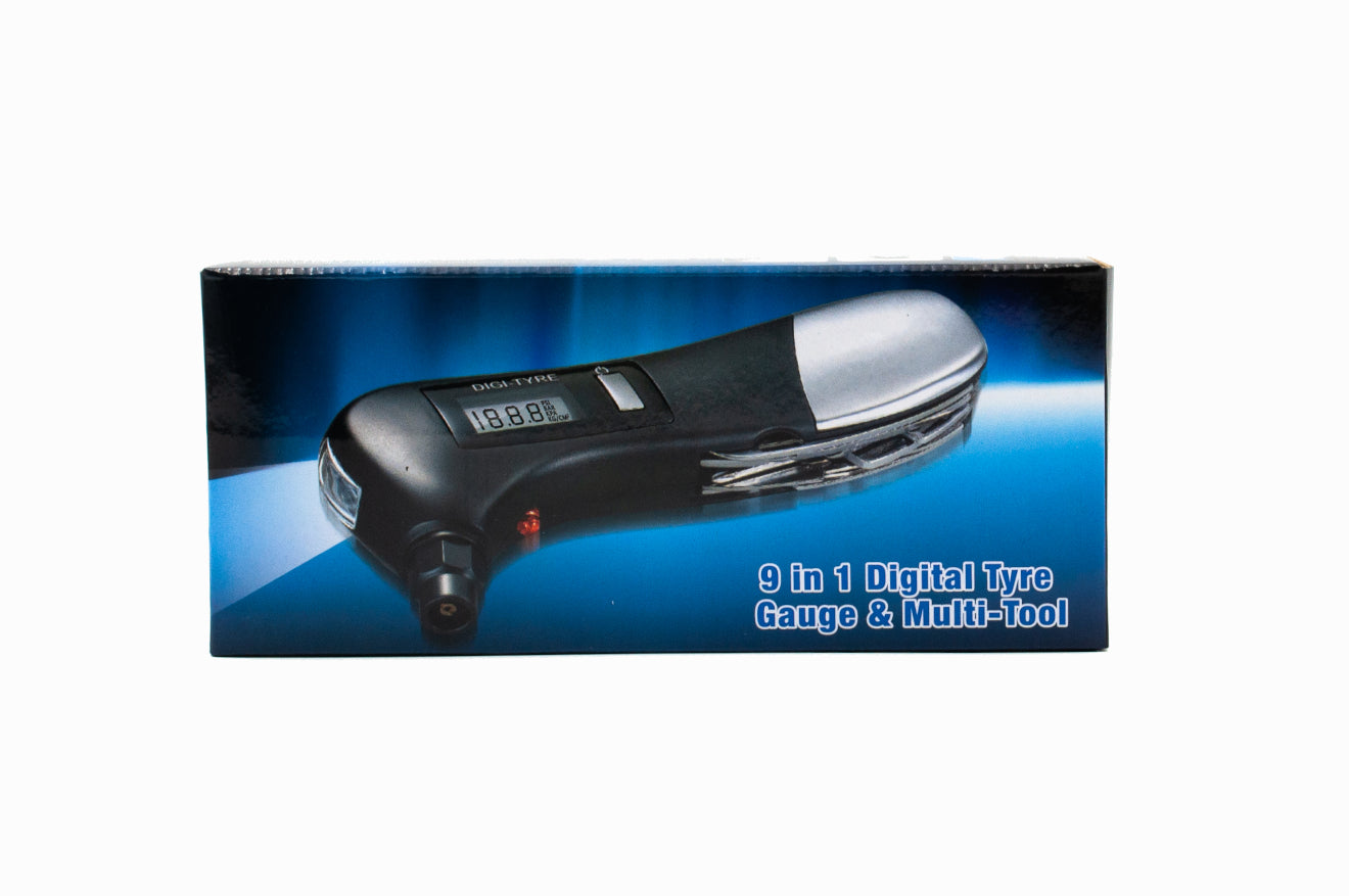 9-in-1 digital tire gauge and multi-tool on a blue background