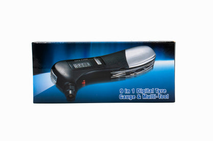 9-in-1 digital tire gauge and multi-tool on a blue background