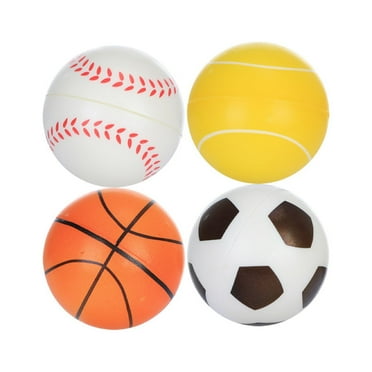 Four sports balls (baseball, tennis ball, basketball, soccer ball) on a white background