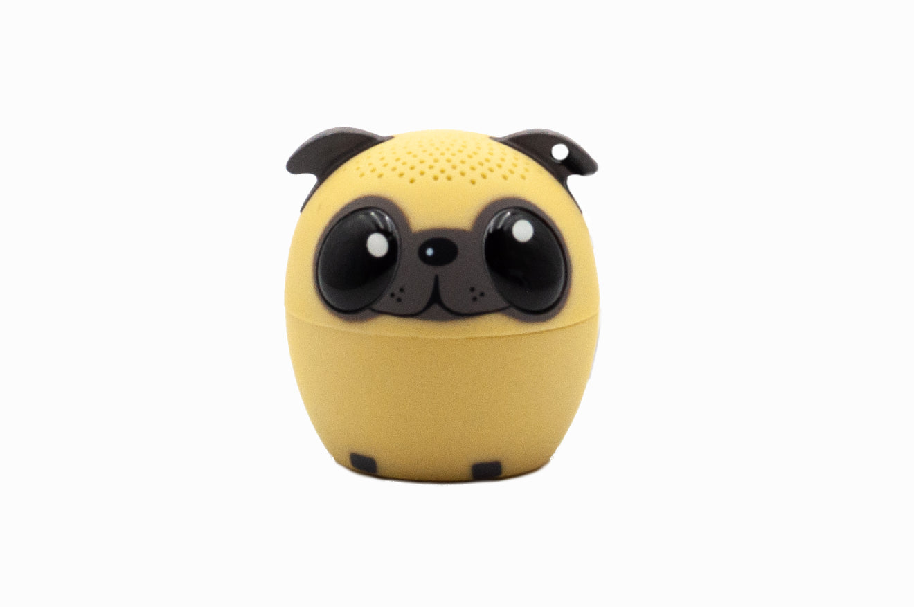 Pug dog-shaped speaker on a white background