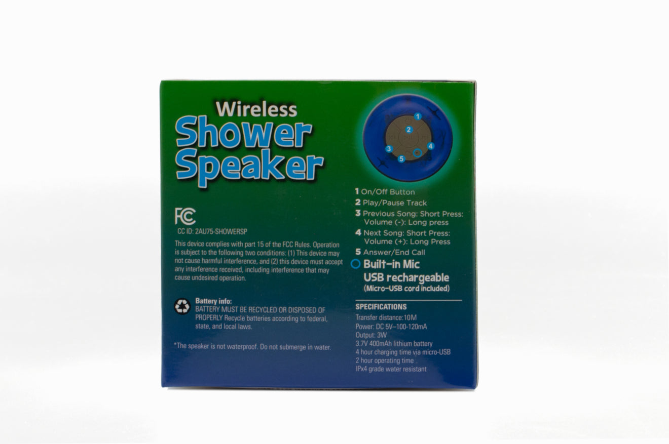 Shower Speaker with LED Light – back of packaging