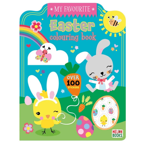 Cover of 'My Favourite Easter Colouring Book' with cartoon characters and Easter elements.