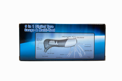 Box of a 9-in-1 digital tire gauge and multi-tool on a white background
