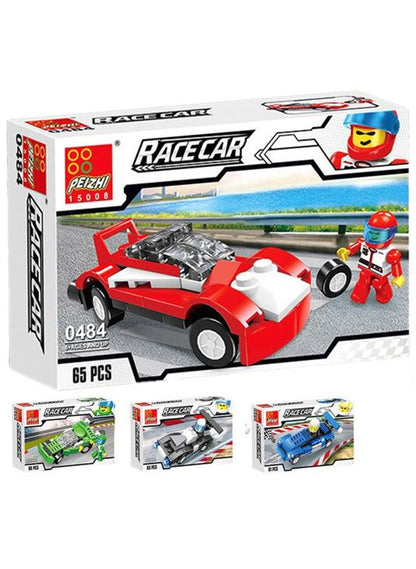 Bezhi Toys race car building block set packaging with toy cars and a driver figure on a white background.
