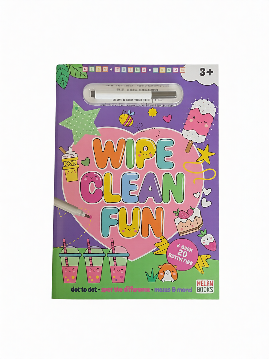Children's activity book titled 'Wipe Clean Fun' with colorful text and illustrations on a purple background.