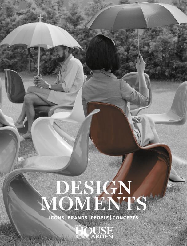 Two people sitting under umbrellas with modern chairs in the foreground, featuring the text 'Design Moments' and 'House of Garden'.