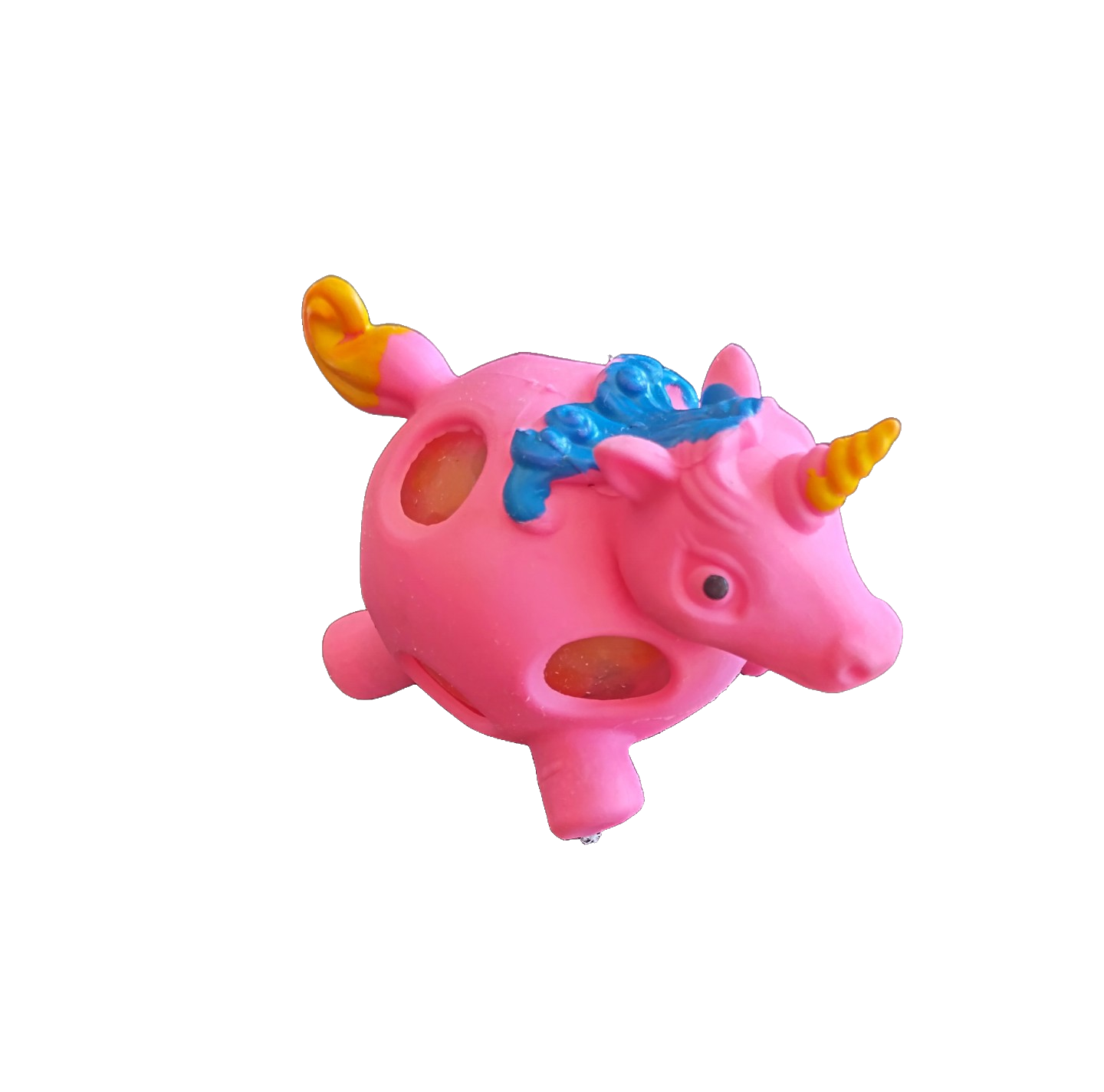 Pink unicorn toy with yellow horns and blue bow on a white background