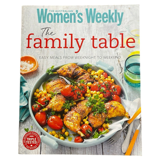 Cookbook cover titled 'The Family Table' by The Australian Women's Weekly with a plate of food on the cover.