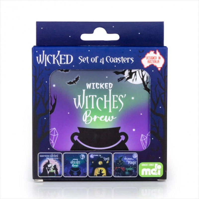 Packaging of Wicked Set of 4 Coasters with Halloween-themed design