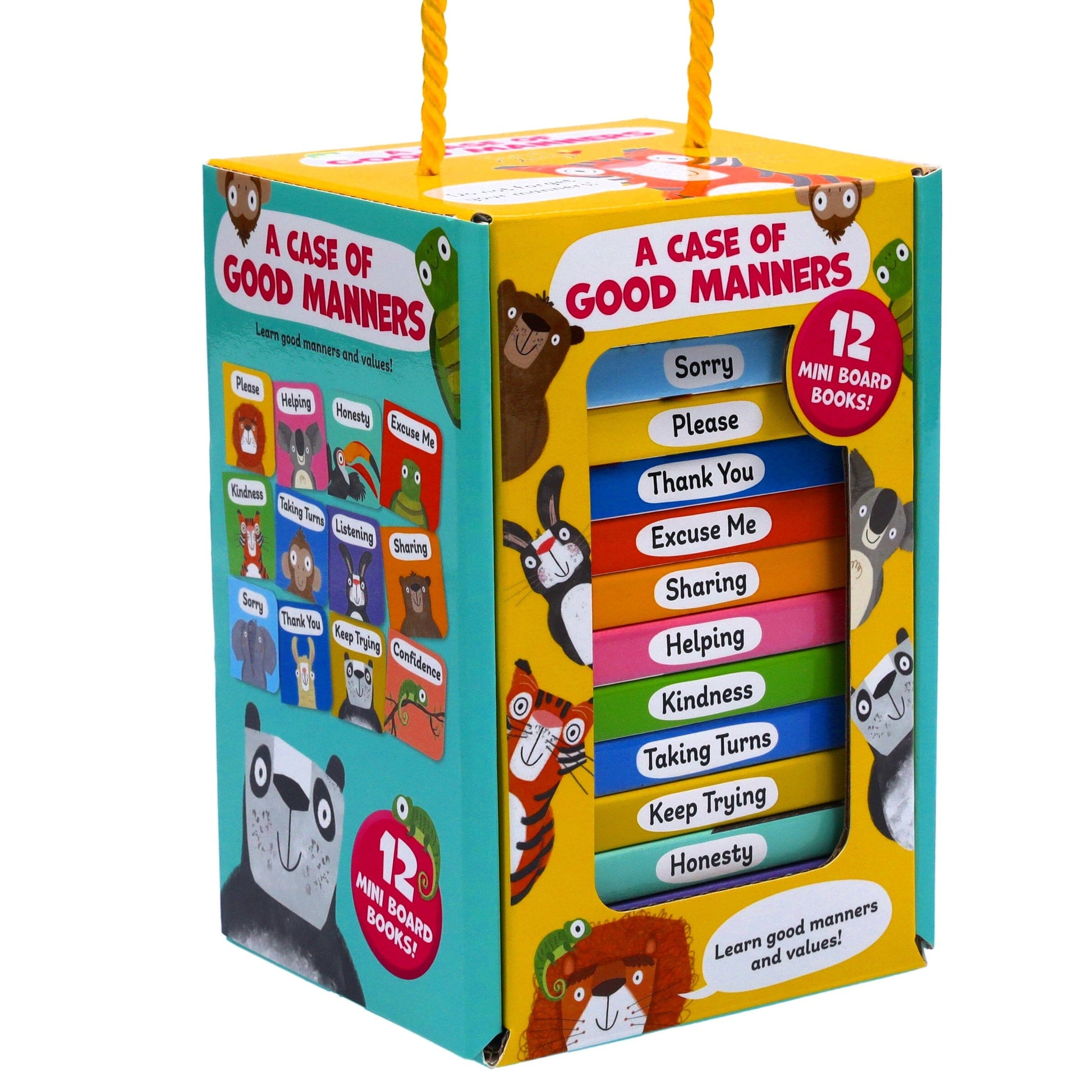 A colorful board book set titled 'A Case of Good Manners' featuring illustrations of animals representing different manners such as sorry, please, excuse me, sharing, helping, and honesty.