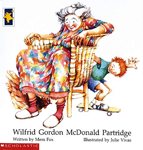 Cover of the book 'Wilfrid Gordon McDonald Partridge' featuring illustrations by Julie Vivas, with a depiction of a small boy and an elderly woman sitting on a chair.