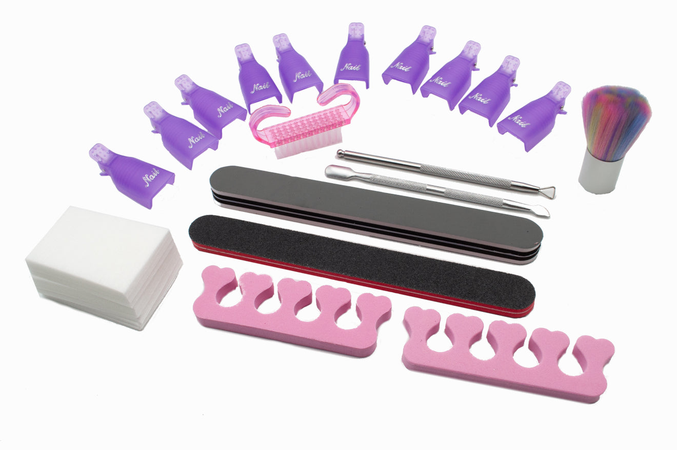 A collection of nail polish gel remover tools kit, including soak-off clips, a fingernail brush, sponge separators, a dust brush, cuticle pushers, a nail file, and cotton pads, primarily in purple and pink colors.